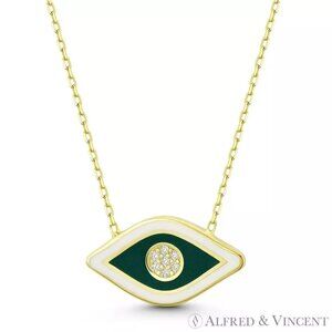 Evil Eye Luck Charm Enamel & CZ Crystal 10x18mm Pendant in .925 Sterling Silver
